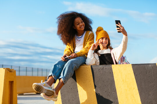 Cheerful multiracial girlfriends taking selfie on road barrier