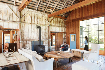 Multi-ethnic couple in farmhouse