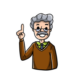 Old Man points up. Finger and hand gesture. Smiling senior. Hand-drawn illustration. Happy emotion.