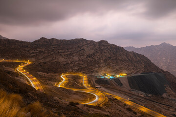Traffic light trails along the zig zag road in Al Hada, Taif region of Saudi Arabia