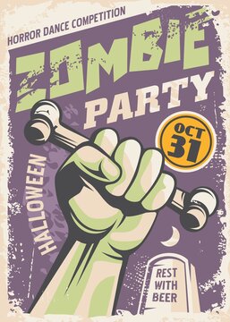 Zombie party poster design in retro style made for cinema movies. Vector vintage.