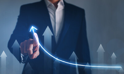 Businessman hand point to up or increase arrow. Business development to success, profit and growing...