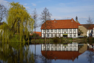 Fototapeta na wymiar Spiegelung eines See mit Häusern in einem Ort