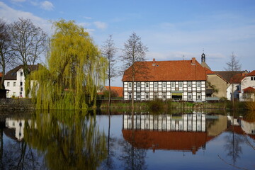 Fototapeta na wymiar Spiegelung eines See mit Häusern in einem Ort