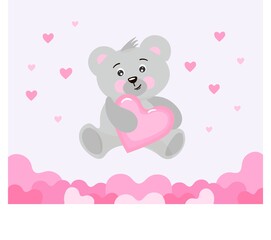 Cute plush gray teddy bear holding a heart.
Vector composition.