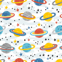 Space Seamless Pattern with Planets and Stars. Doodle Cartoon Cute Saturn Planet. Space Vector Background for Kids
