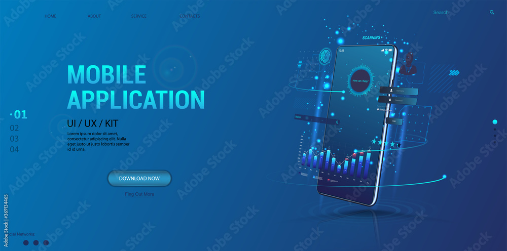 Poster Web Advertising - Smartphone Applications UI, UX, KIT. Mobile app with business graph and analytics, statistic and data on perspective smartphone. Web design banner, business, trading, finance app.