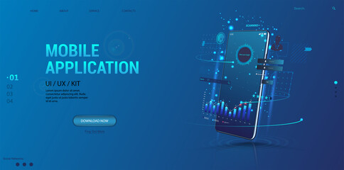 Web Advertising - Smartphone Applications UI, UX, KIT. Mobile app with business graph and analytics, statistic and data on perspective smartphone. Web design banner, business, trading, finance app.