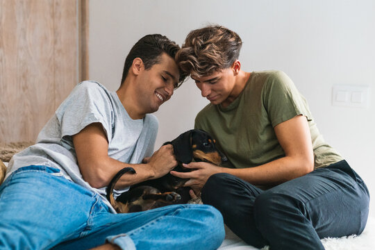 gay couple playing with their pet
