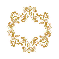 Hand Drawn Vintage damask ornamental elements for design. Baroque frame scroll ornament. Golden Elegant abstract floral pattern border in antique style. Decorative foliage swirl edging.
