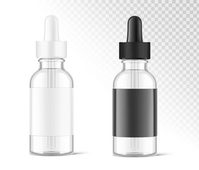 Realistic black and white dropper bottle mockups. Vector illustration isolated on white background.  Сan be used for cosmetic, medical and other needs. EPS10. 