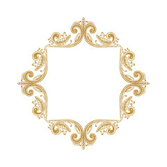 Hand Drawn Vintage damask ornamental elements for design. Baroque frame scroll ornament. Golden Elegant abstract floral pattern border in antique style. Decorative foliage swirl edging.
