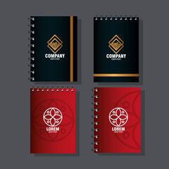 corporate identity brand mockup, notebooks of red and black mockup with white sign