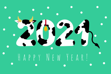 Happy New Year. 2021. New year 2021. creative postcard design with a cow, a bull with a bell on a green background. Vector illustration for congratulations