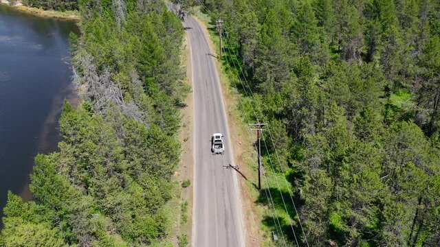 A truck drives down a paved road through a forest next to a lake. The drone follows from above.
