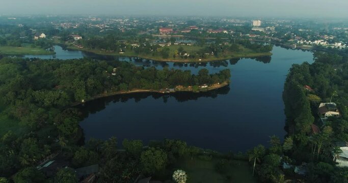 the lake from above by drone moving forward at the west of java Indonesia