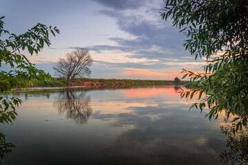 Beautiful sunset over the river with separated tree. Travel destination Russia