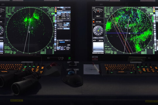 Ship control panel. Navigational devices and echolocation and ra
