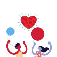 girl and boy cartoon with balloons and heart vector design