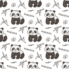 Cute Baby Panda with bamboo Vector Seamless pattern. Endless wallpaper with Pandas. Hand Drawn Doodle Funny Black and White Bear. Background for kids
