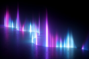 3d render, digital illustration. Abstract neon light background, artificial aurora borealis vertical rays, northern lights, glowing plasma effect wavy line. Mysterious geomagnetic phenomenon