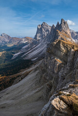 Picturesque autumn Alps mountain scene, famous italian Dolomites Seceda majestic rock, Sass Rigais, Sudtirol, Italy. Beautiful traveling, seasonal and nature beauty concept scene.