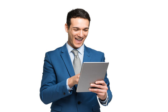 Happy man using a tablet
