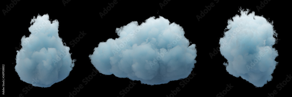 Poster 3d render. random shapes of abstract blue clouds isolated on black background. cumulus different vie