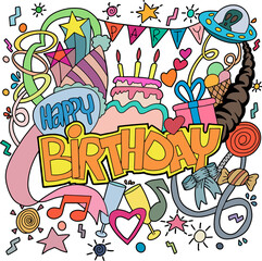  Happy Birthday background. Hand-Birthday hand lettering and doodles elements background. Vector illustration