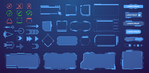 HUD, UI, GUI, Sci Fi  futuristic frame user interface screen elements mega set pack. Control panel for game apps. Callout bar labels, digital info boxes and buttons. Interface elements game. Vector © ZinetroN