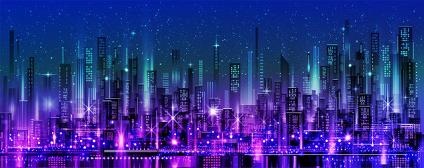 Night City skyline. Background with architecture, skyscrapers, megapolis, buildings, downtown.