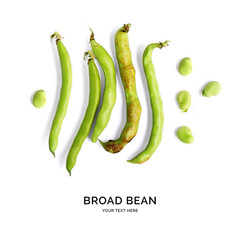 Creative layout made of broad beans on white background. Flat lay. Food concept.