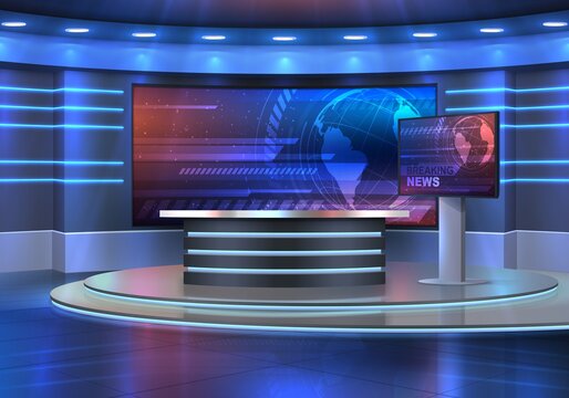 Studio interior for news broadcasting, vector empty placement with anchorman table on pedestal, digital screens for video presentation and neon glowing illumination. Realistic 3d breaking news studio