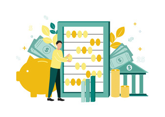 Finance. Vector illustration of accounting. A man counts on big accounts, next to him is a piggy bank, banknotes, bank, stack of coins, a bar chart, branches with leaves, dollar signs, numbers