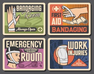 Bandage, emergency room medicine retro vector posters. Trauma of finger, head and buttocks first aid and bandaging. Medical assistance and traumatology clinic ward vintage cards, fracture treatment