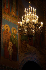 Chandelier and mosaics in Russian orthodox Church of the Savior, Saint Petersburg