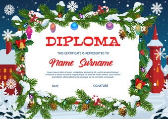 Kids diploma education, christmas gift certificate with fir-tree frame decorated with garland, baubles and candy canes, falling snowflakes on winter cityscape background. Xmas kids diploma