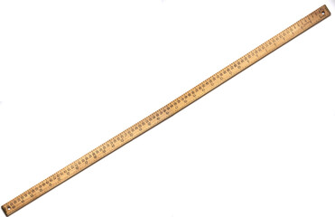 Wooden yardstick on white backgrounds whit centimeters ands inches scales.