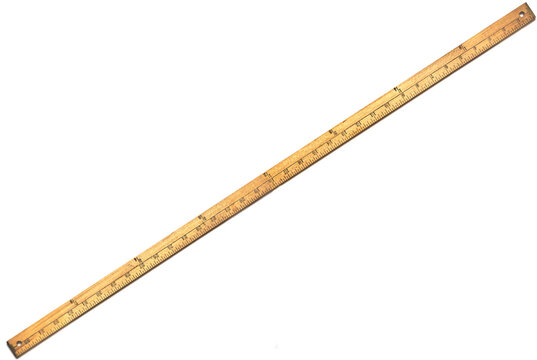 Wooden yardstick on white backgrounds whit centimeters and yard fractions scales.