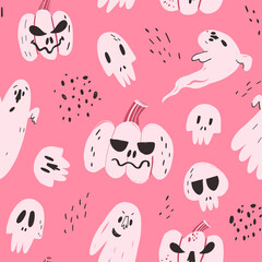 Halloween pink seamless pattern with hand drawn pumpkins with spooky smiles, frightening ghosts and creepy skulls.