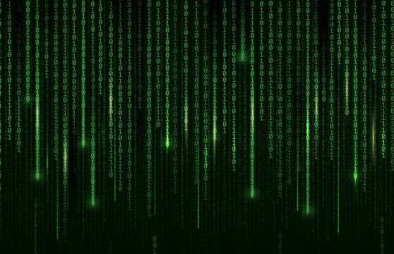 Technology background, digital binary code matrix, vector computer cyberspace and internet communication coding. Digital binary code matrix green background, internet data network and programming