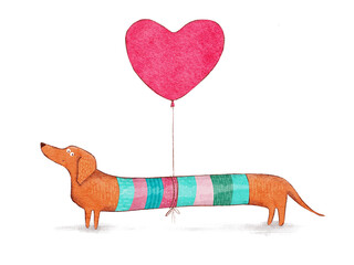 Watercolor Funny Dog With Heart Balloon. Badger Dog. Dachshund. Cute Character. Hand Drawn Illustration - 369144228