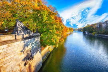 Astonishing autumn view from Wehrsteg bridge on Isar River in Munich