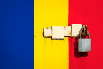 Romania flag is on texture. Template. Coronavirus pandemic. Countries may be closed. Locks.