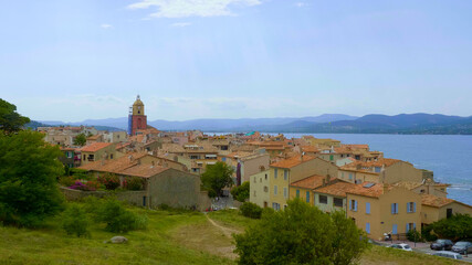 Aerial view over the city of Saint Tropez historic district - ST TROPEZ, FRANCE - JULY 13, 2020