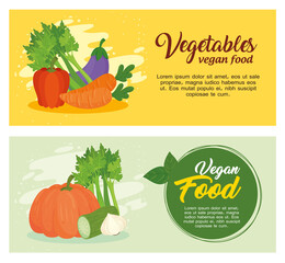 set of banners with vegetables, concept vegan food, with fresh vegetables