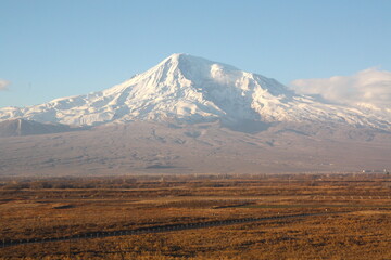 Colorful Ararat mountain in Armenia from Khor Virap monastery in Armenia, Turkey border, powerful blue sky.