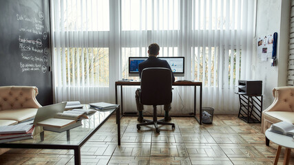 Rear view of a businessman or financial analyst working on computer in the modern office, looking at graphs and charts on pc screen, analyzing statistical data