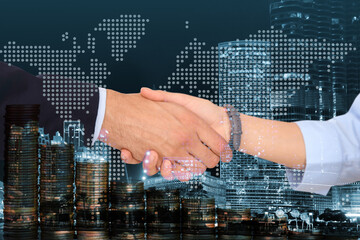Multiple exposure of partners shaking hands, coins and night city. Business values