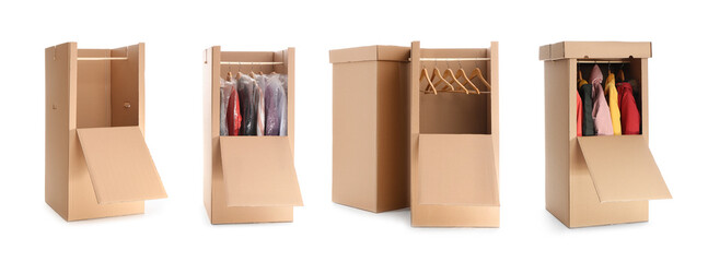 Set of cardboard wardrobe boxes on white background. Banner design